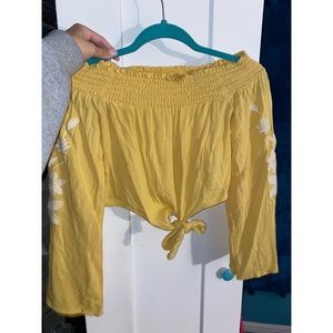 Off the shoulder top that ties at the bottom